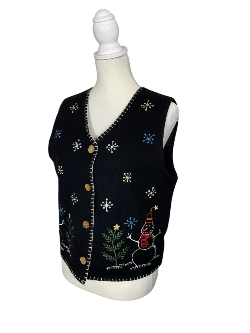 Vintage Casey Coleman Wool Christmas Snowman Embroidered Holiday Sweater Vest